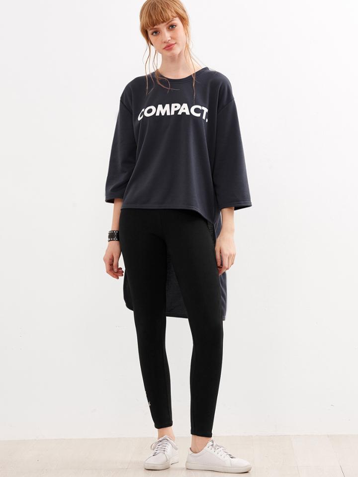 Shein Dark Grey Letter Print High Low Sweatshirt