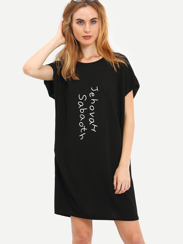 Shein Letter Print Loose-fit Dress - Black