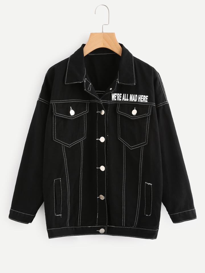 Shein Printed Denim Jacket With Contrast Stitching