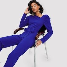 Shein Asymmetrical Neck Puff Sleeve Solid Jumpsuit