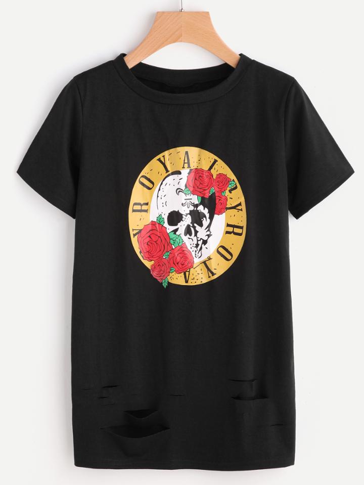 Shein Ripped Detail Longline Graphic Tee