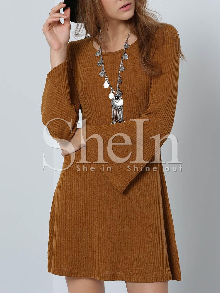 Shein Brown Long Sleeve Round Neck Dress