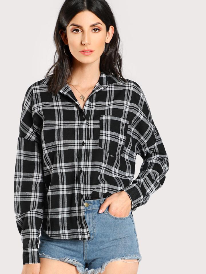 Shein Drop Shoulder Button Up Checkered Blouse