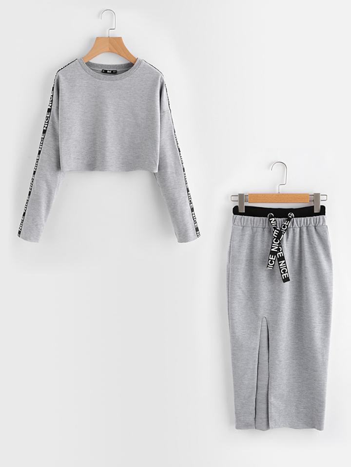 Shein Printed Tape Detail Pullover And Slit Skirt Set