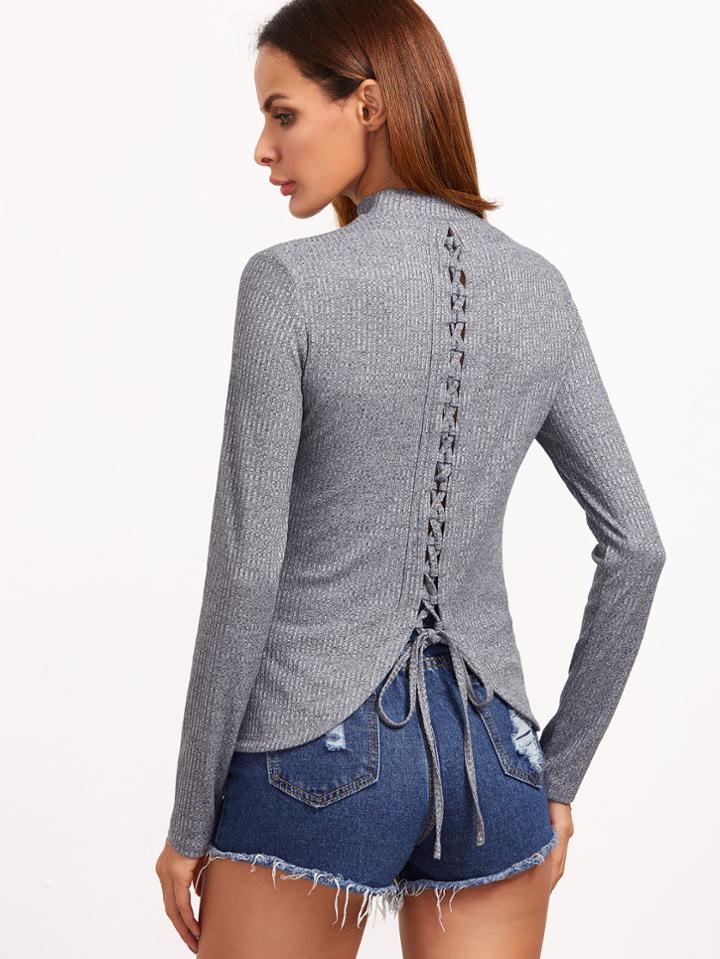 Shein Heather Grey Ribbed Knit Lace Up Back T-shirt