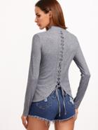 Shein Heather Grey Ribbed Knit Lace Up Back T-shirt
