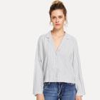 Shein Button Front Notched Neck Striped Top