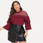 Shein Plus Mock Neck Dot Mesh Yoke Flounce Top