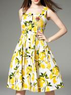 Shein White Strap Backless Pockets Lemon Dress