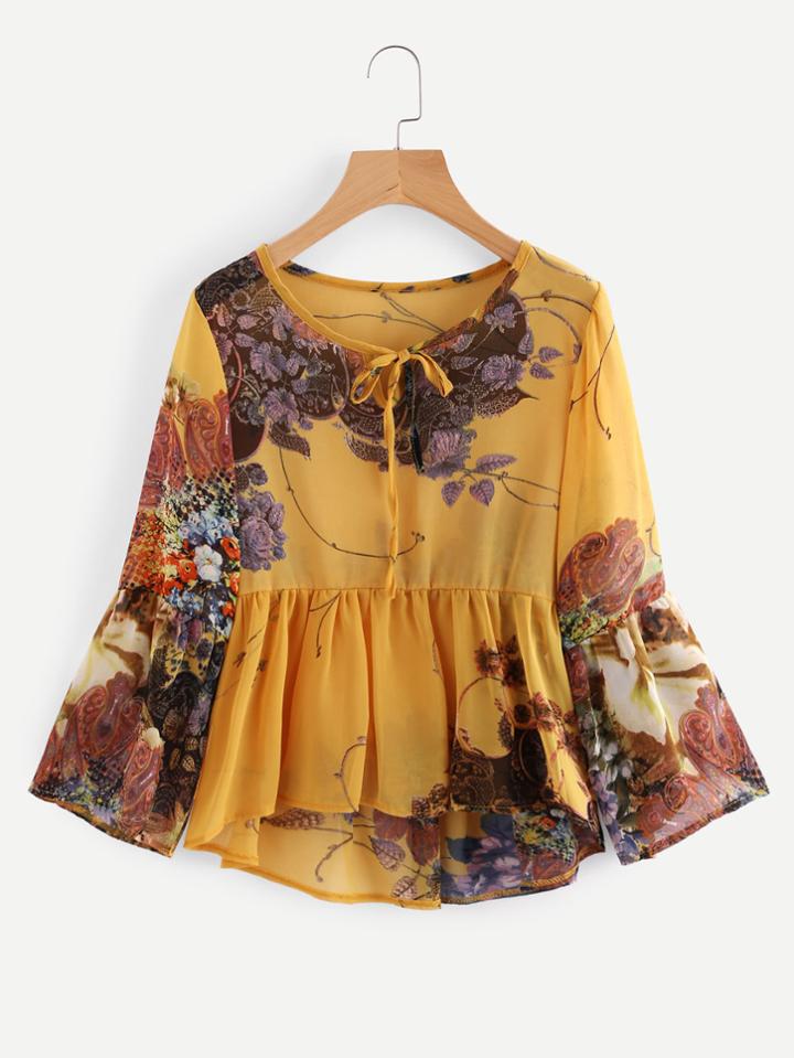 Shein Botanical Print Flute Sleeve Smock Blouse
