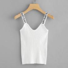 Shein Letter Print Strap Ribbed Top