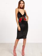 Shein Black Embroidered Rose Applique Velvet Cami Dress