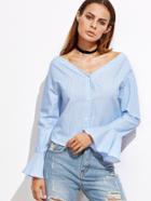 Shein Blue Pinstripe V Neck Bell Cuff Blouse