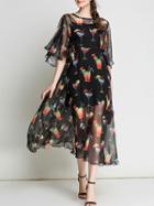 Shein Bell Sleeve Sheer Cocktail Print Dress