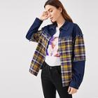Shein Contrast Stitch Frayed Trim Mixed Media Shirt