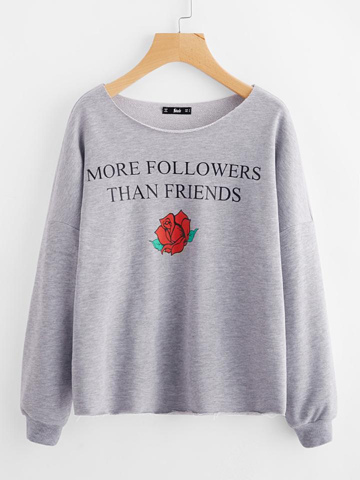 Shein Heather Knit Raw Edge Graphic Sweatshirt