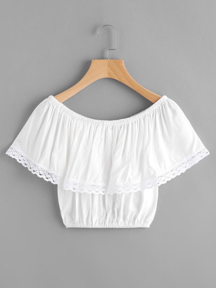 Shein Flounce Layered Elasticized Neckline Lace Hem Blouse