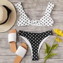 Shein Knot Front Two Tone Polka Dot Bikini Set