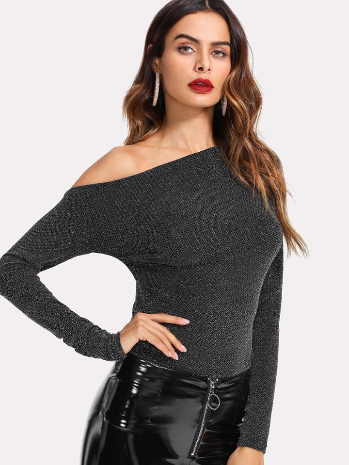 Shein Asymmetrical Shoulder Glitter Top