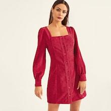 Shein Square Neck Button Up Corduroy Dress