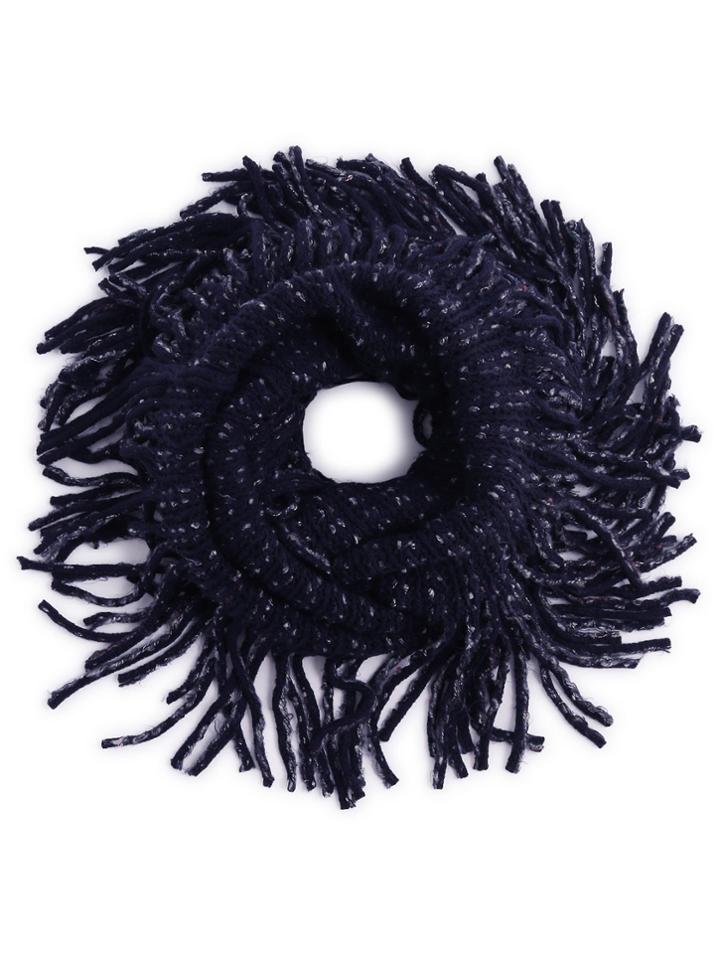 Shein Navy Ribbed Textured Fringe Knit Infinity Scarf