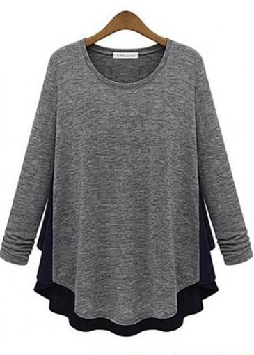 Rosewe Casual Loose Long Sleeve Round Neck Color Blocking T Shirts