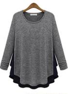 Rosewe Casual Loose Long Sleeve Round Neck Color Blocking T Shirts