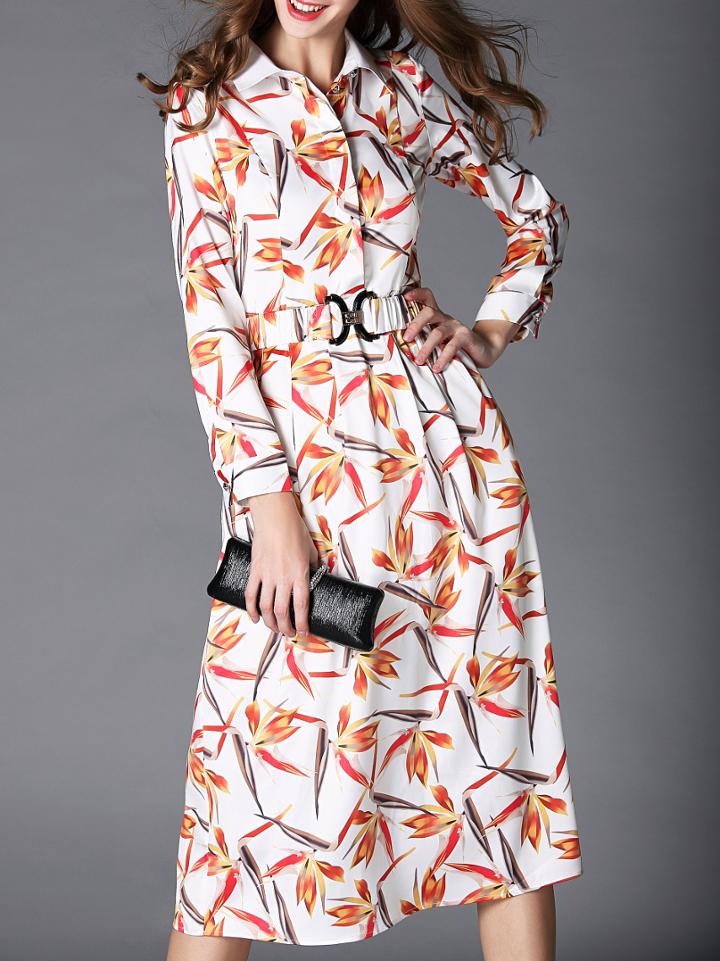Shein White Lapel Long Sleeve Drawstring Print Dress