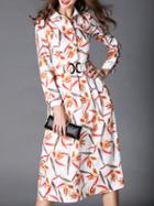 Shein White Lapel Long Sleeve Drawstring Print Dress