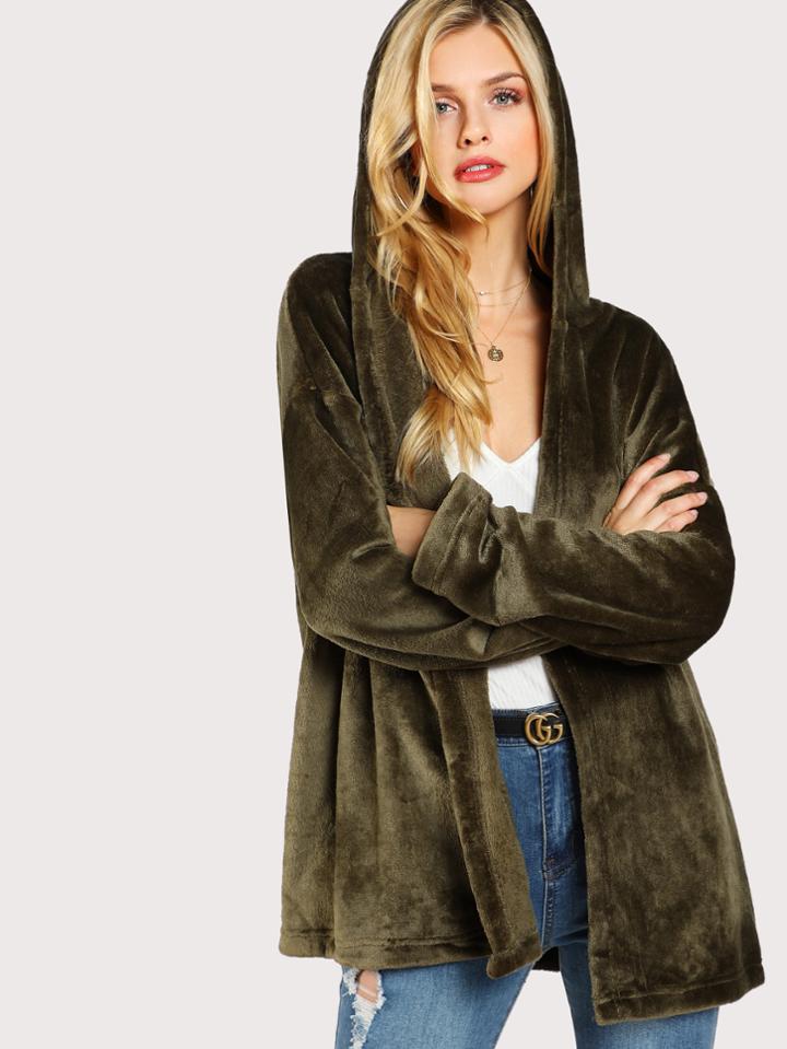 Shein Open Front Hooded Fleece Coat