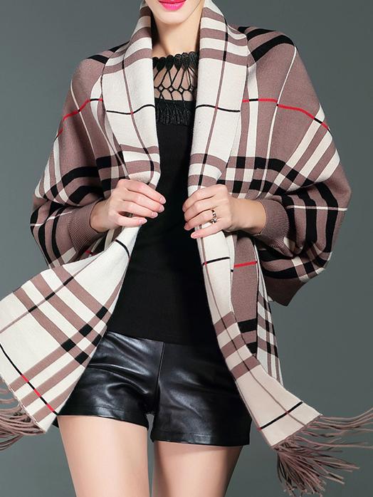 Shein Khaki Color Block Tassel Cardigan