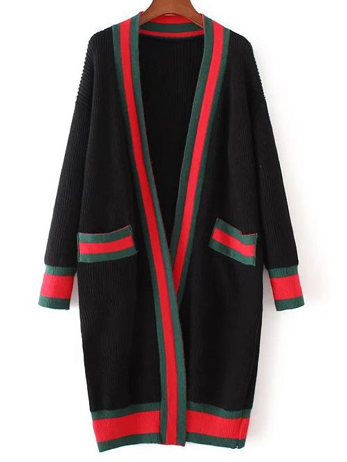 Shein Black Contrast Trim Sweater Coat With Pocket