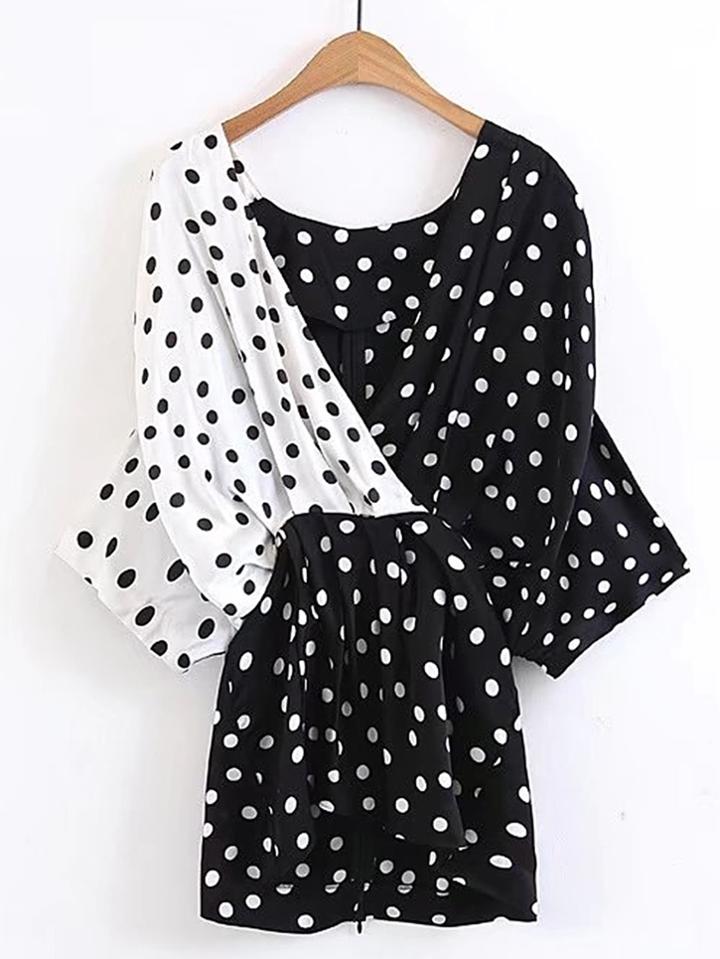 Shein Surplice Front Color Block Polka Dot Top