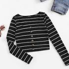 Shein Button Front Ribbed Knit Striped Tee