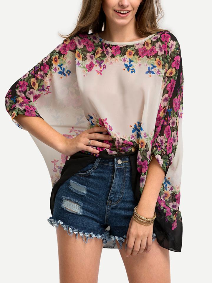 Shein Flower Print Chiffon Poncho Blouse