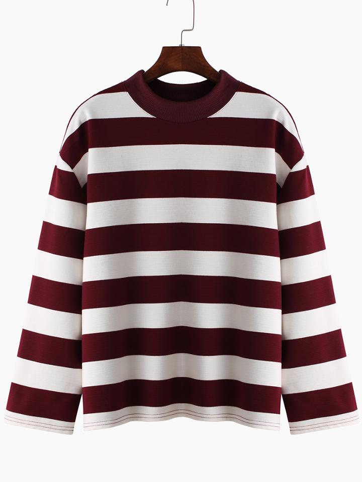 Shein Burgundy White Round Neck Striped Loose T-shirt