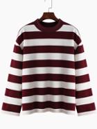 Shein Burgundy White Round Neck Striped Loose T-shirt