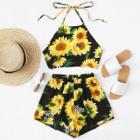 Shein Sunflower Print Halter Top With Shorts