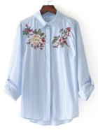 Shein Roll-up Sleeve Vertical Striped Embroidery Blouse