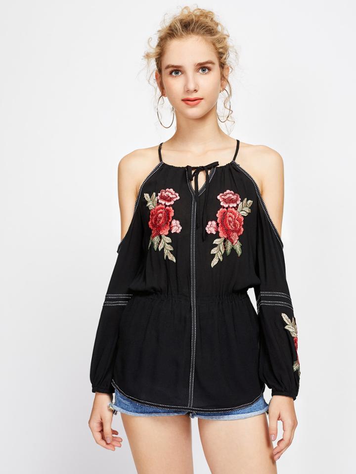 Shein Flower Embroidered Applique Tie Detail Elasticized Wasit Top