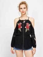 Shein Flower Embroidered Applique Tie Detail Elasticized Wasit Top