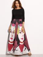 Shein Multicolor Print Three Quarter Sleeve Skater Maxi Dress