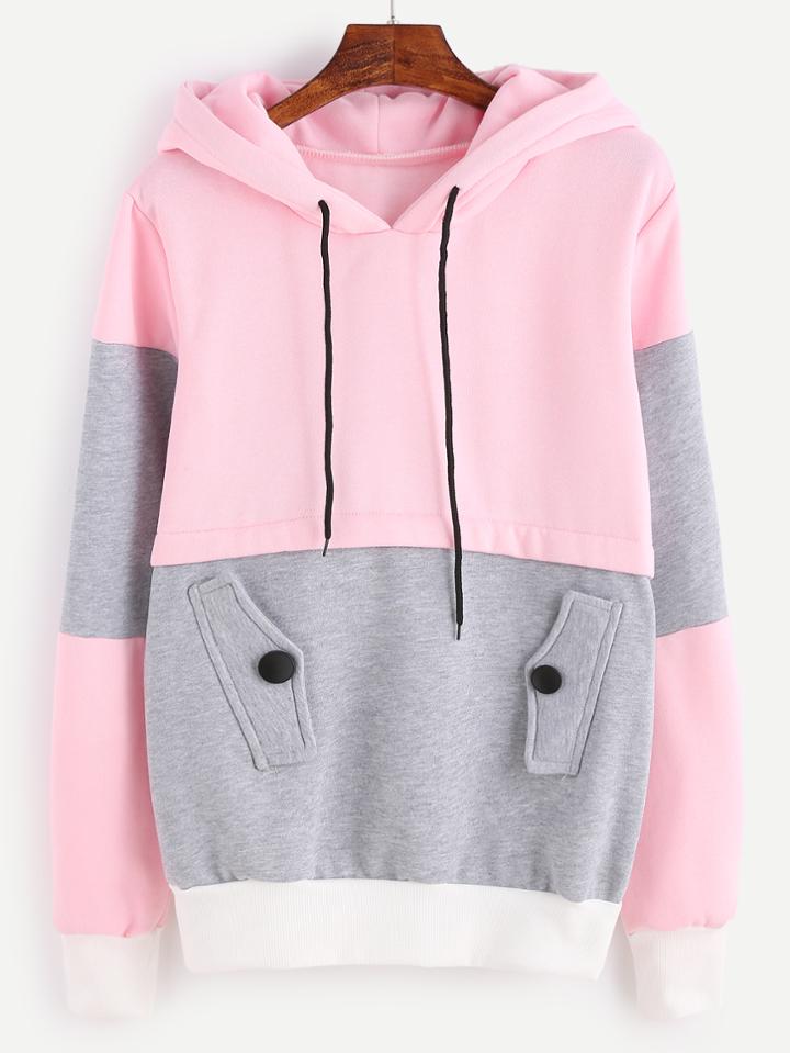Shein Color Block Drawstring Hooded Sweatshirt With Pocket