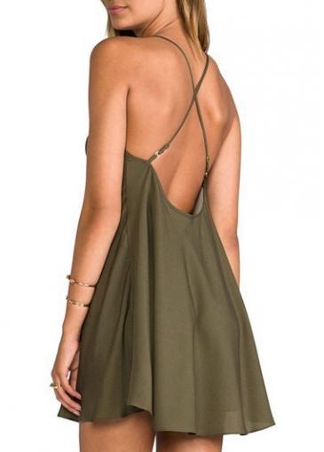 Rosewe Comfy Spaghetti Strap Design Solid Green Skater Dress