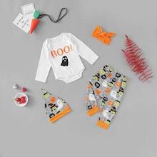 Shein Toddler Girls Letter Print Jumpsuit & Pants & Headband