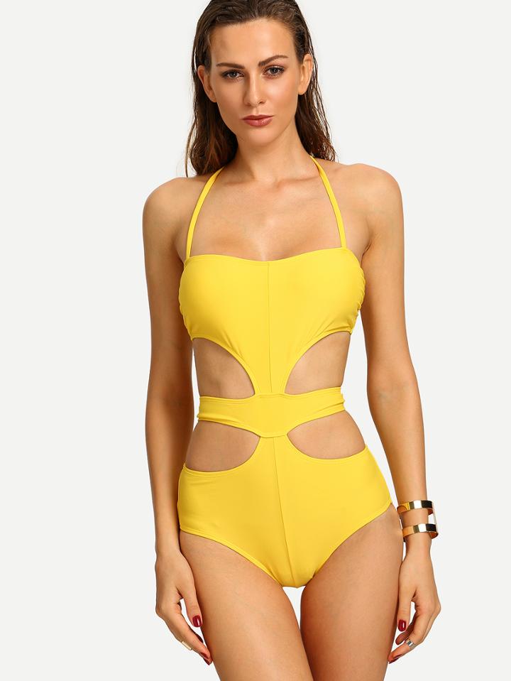 Shein Halter Neck Cutout One-piece Swimwear - Yellow