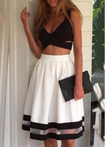 Rosewe V Neck Black Criss Cross Top And White Skirt