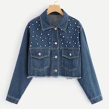 Shein Plus Pearl Beaded Crop Raw Hem Jacket