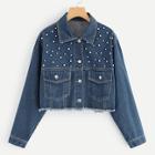 Shein Plus Pearl Beaded Crop Raw Hem Jacket