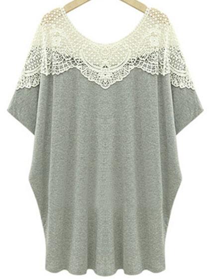 Shein Pale Grey Crochet Hollow Plus T-shirt